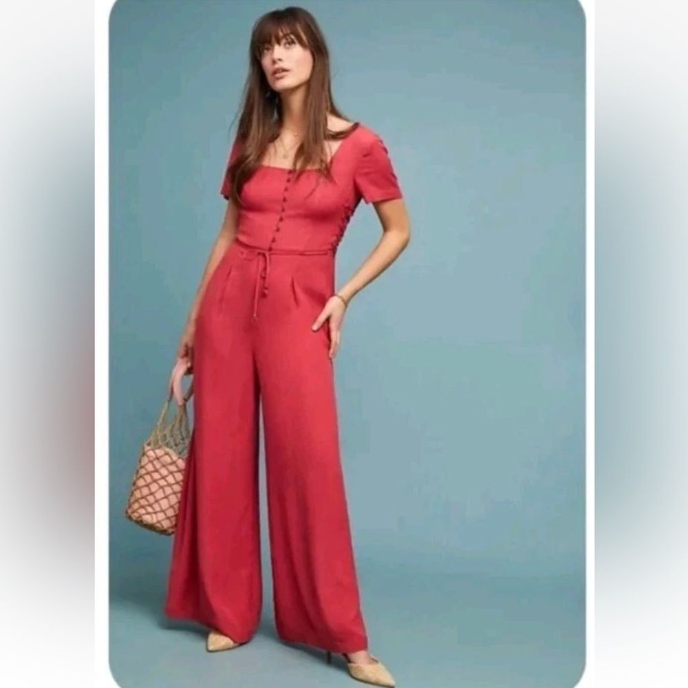 Maeve by Anthropologie Sienna Red Jumpsuit Romper Lace Up Sides Size 6 Women's